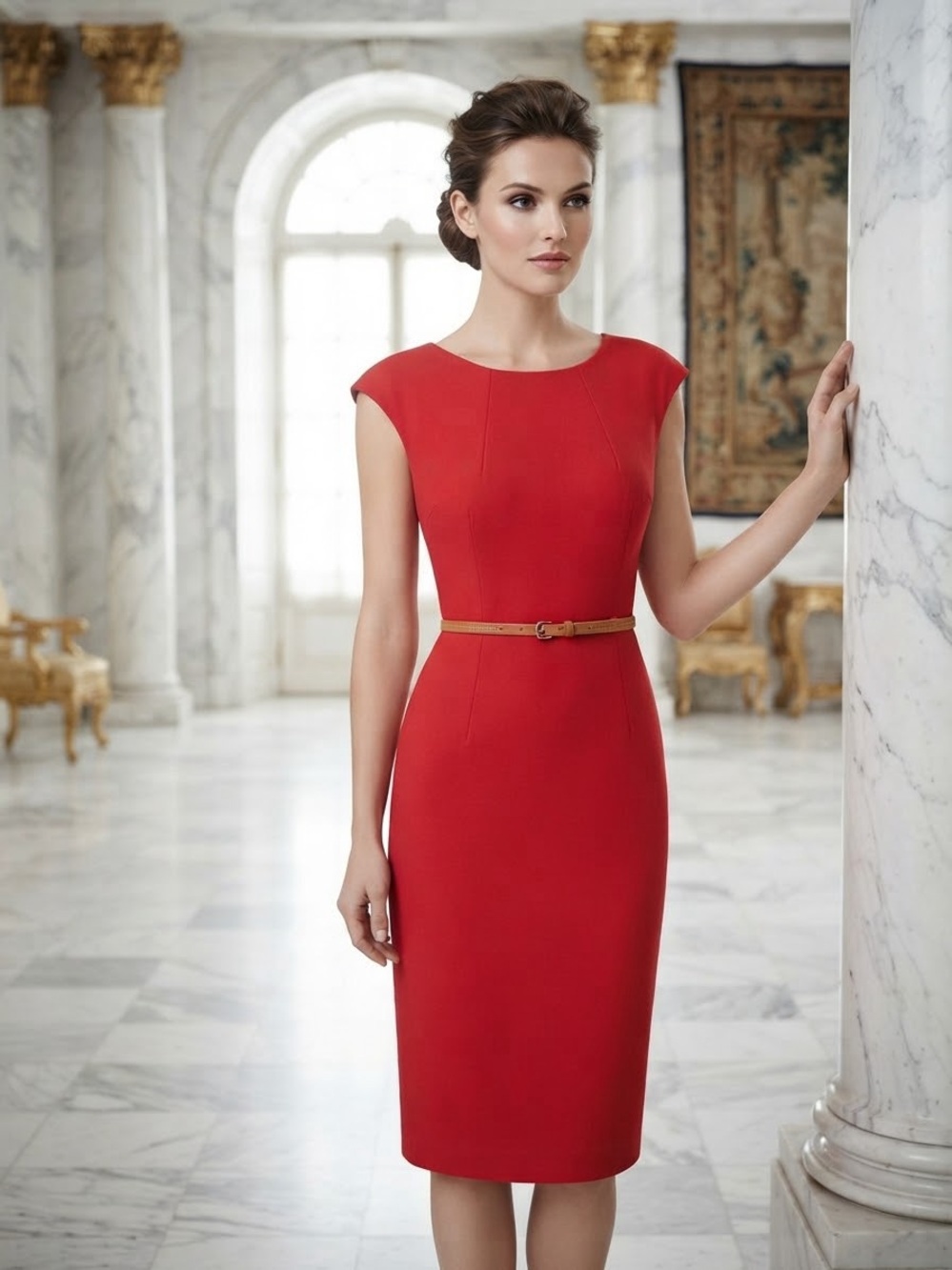 Calvin Klein Red Cap-Sleeve Midi Sheath Dress with Tan Belt